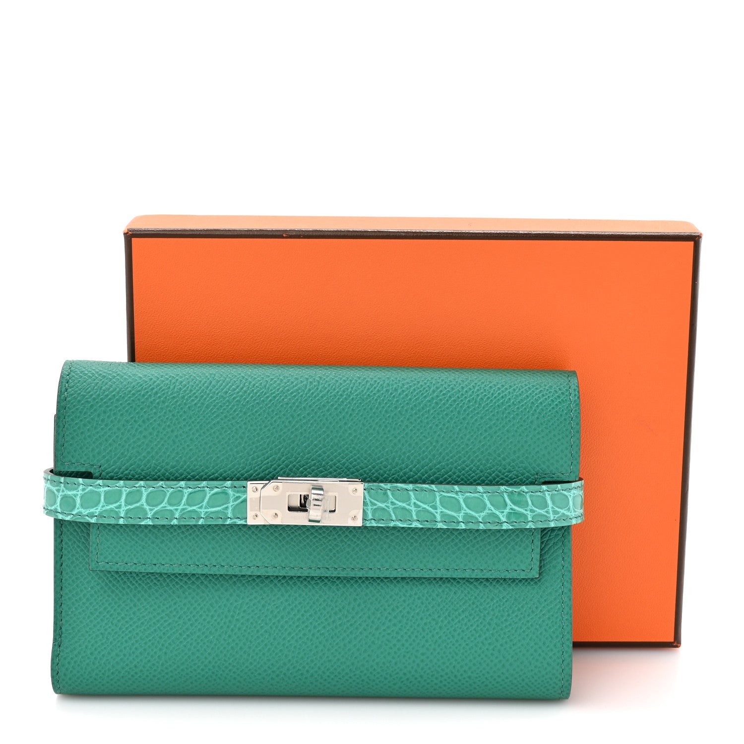 Hermes Epsom Shiny Alligator Kelly Medium Wallet Vert Jade 10 of 10