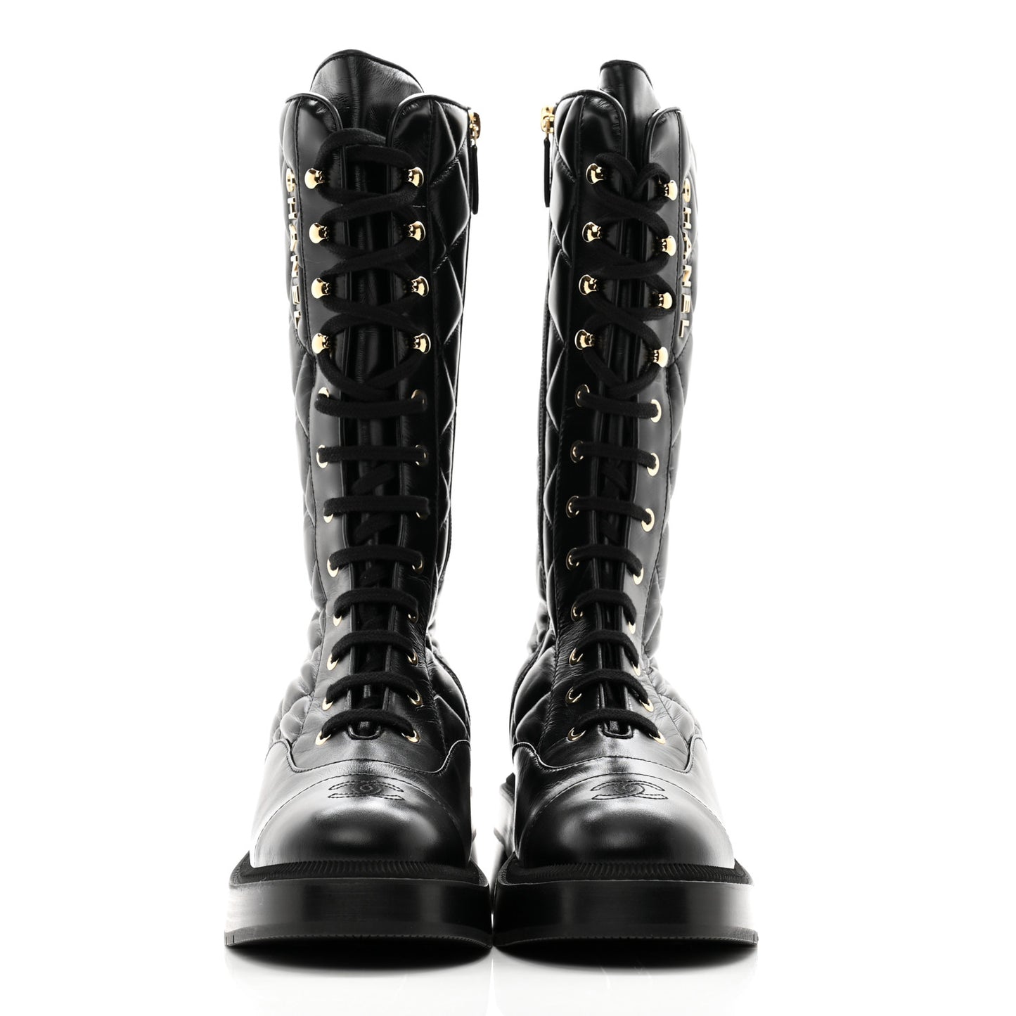 Calfskin Quilted Logo Lace Up Tall Combat Boots 38.5 Black