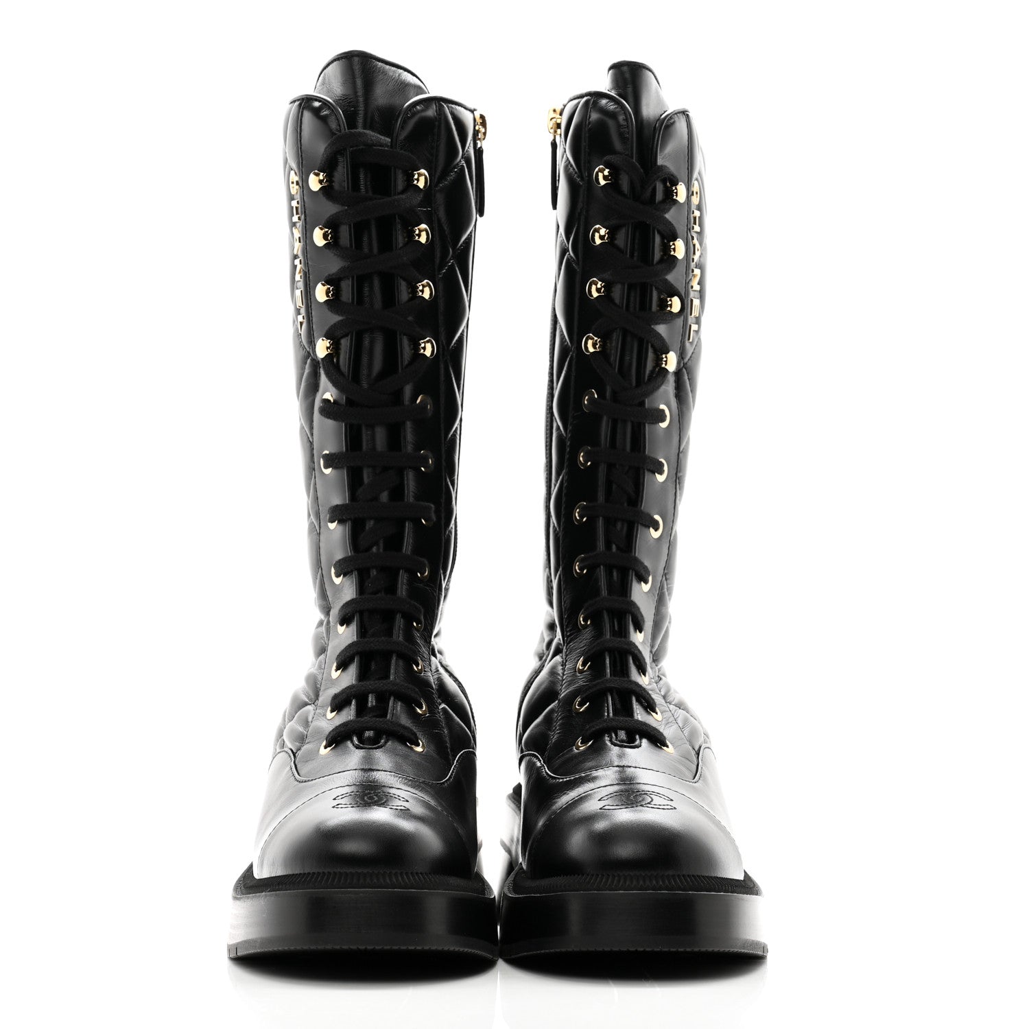 Chanel Calfskin Quilted Logo Lace Up Tall Combat Boots 38.5 Black 2 of 9