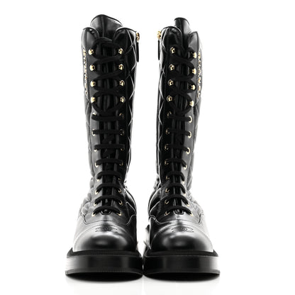 Chanel Calfskin Quilted Logo Lace Up Tall Combat Boots 38.5 Black 2 of 9