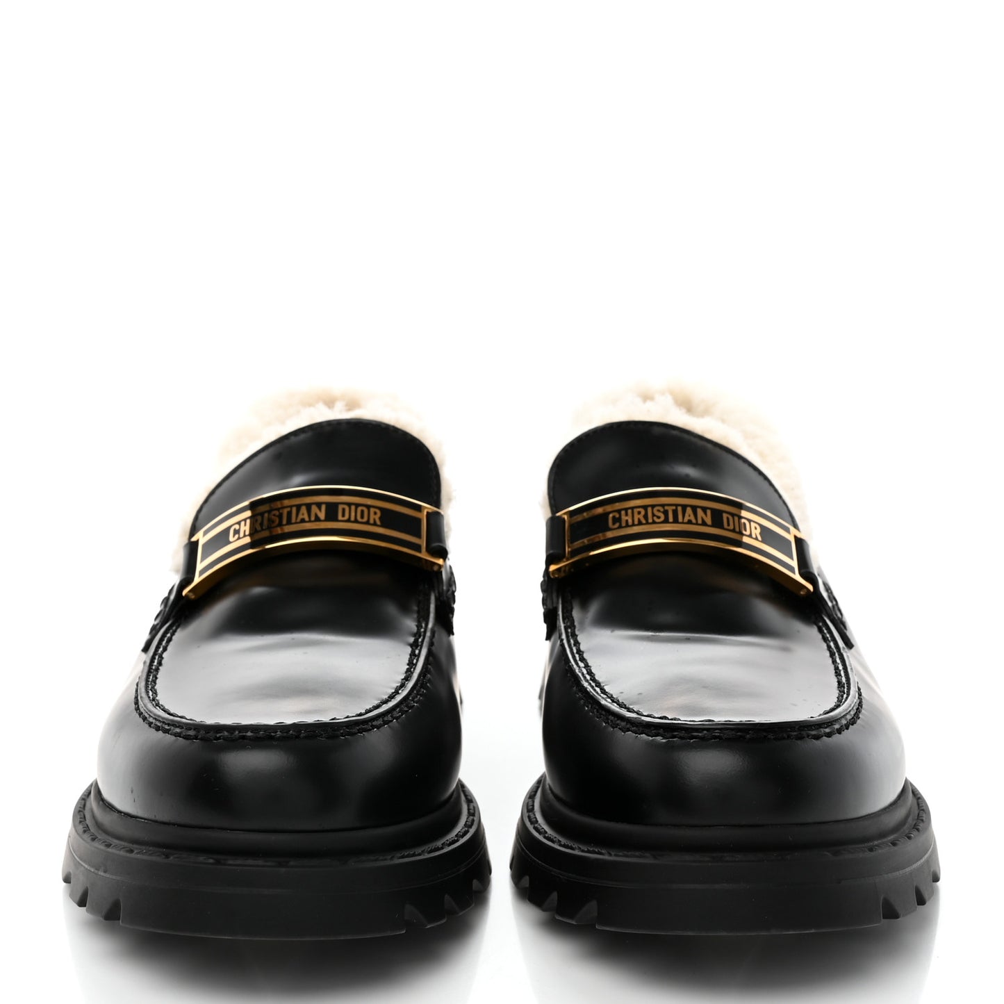 Brushed Calfskin Shearling Dior Code Lug Sole 15mm Loafers 39.5 Black Natural
