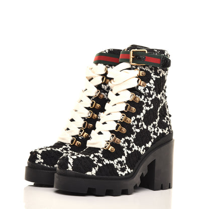 Gucci Tweed GG Monogram Lace Up Combat Ankle Boots 36 Black 3 of 9