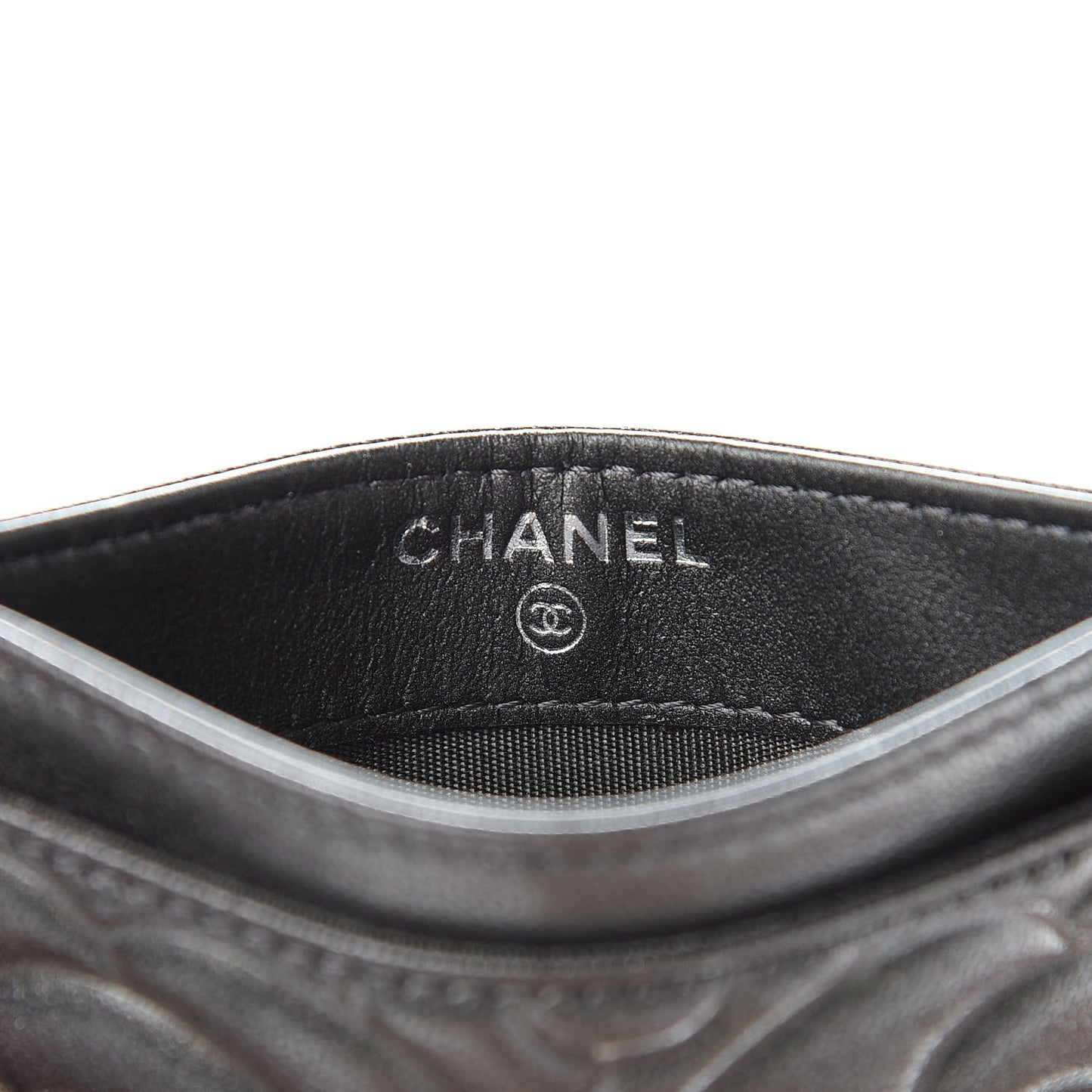 Goatskin Camellia Embossed Card Holder Anthracite