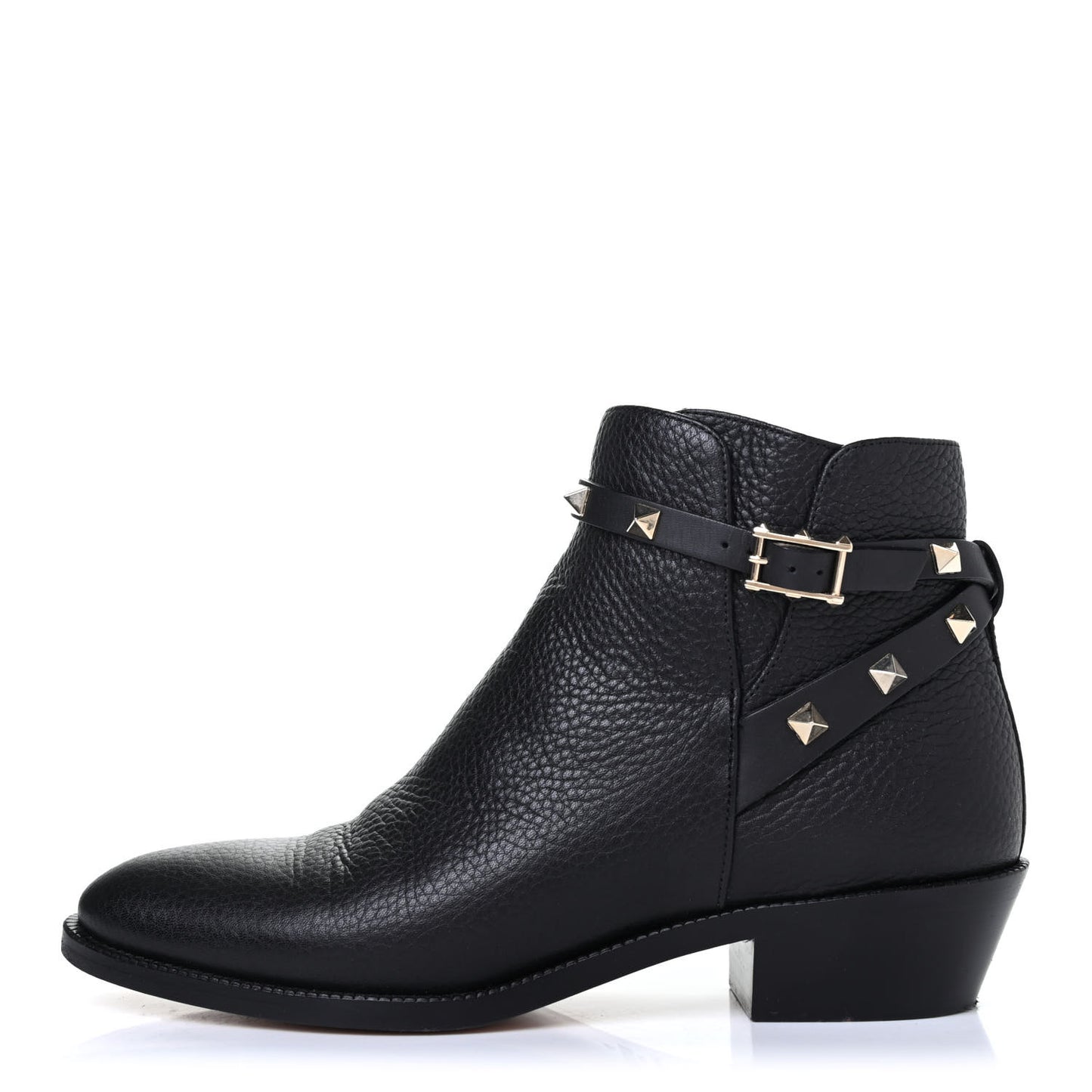 Grained Calfskin Rockstud Single Buckle 35mm Cowboy Ankle Boots 37 Black