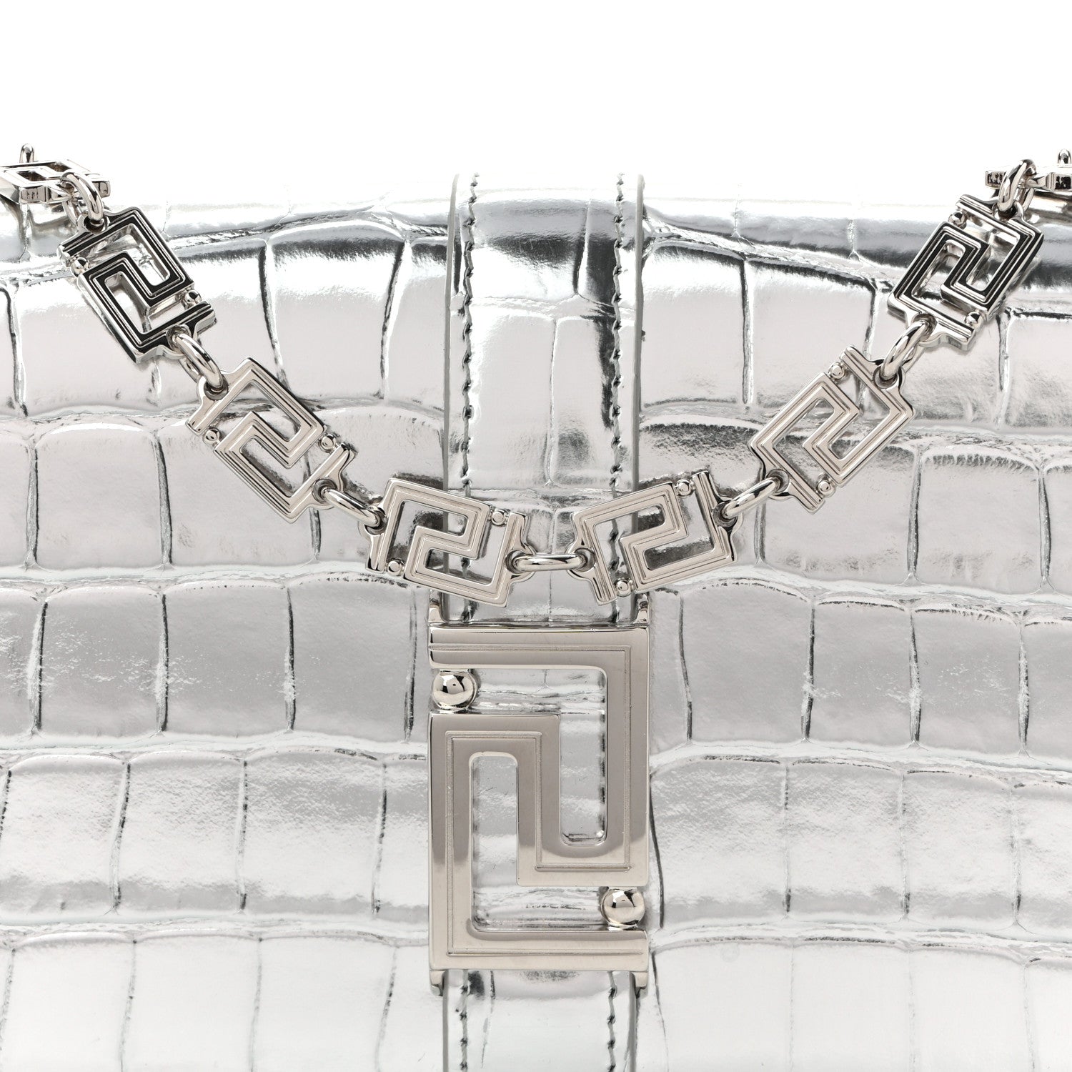 Versace Metallic Crocodile Embossed Calfskin Greca Goddess Wallet On Chain Silver 7 of 9
