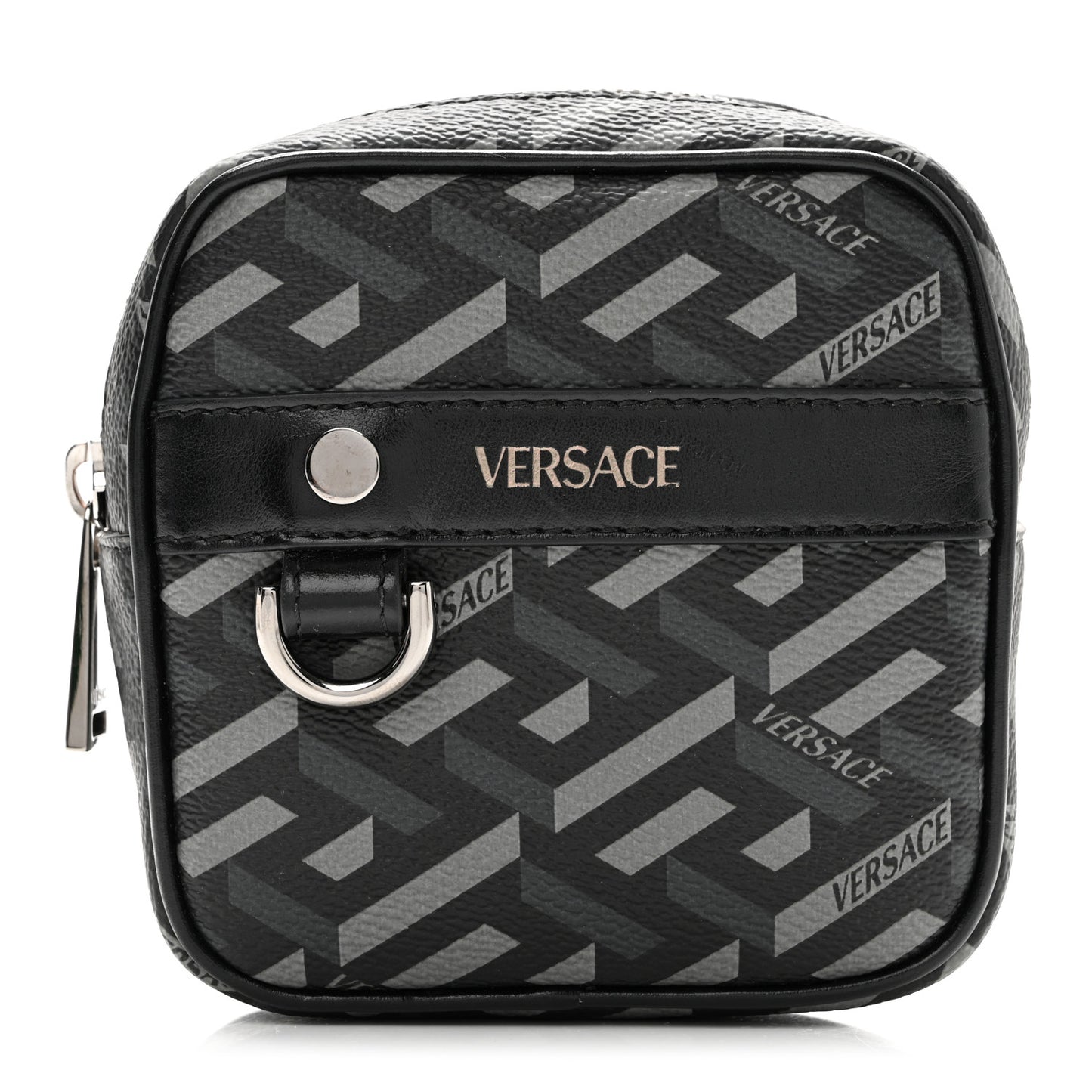 Coated Canvas Calfskin La Greca Square Zip Pouch Black Gray