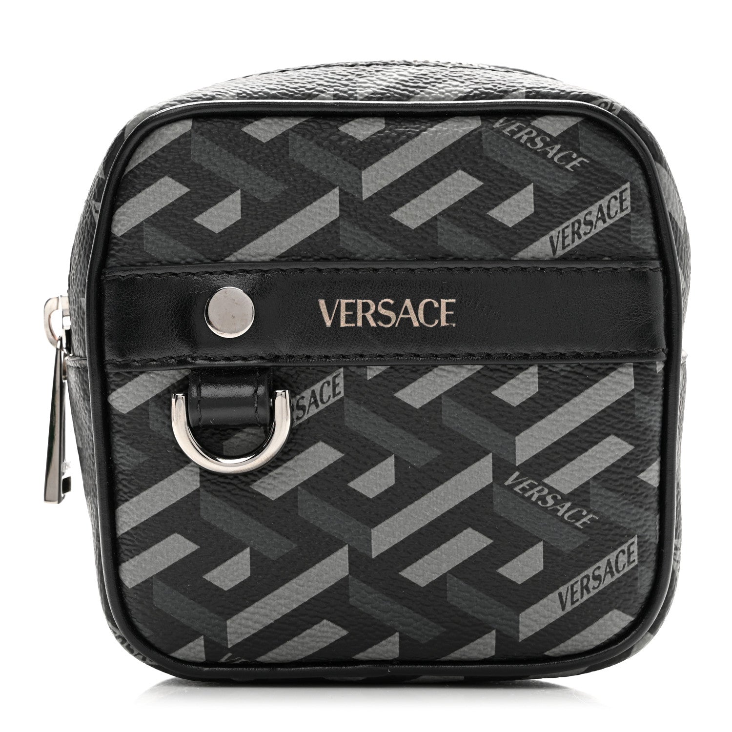 Versace Coated Canvas Calfskin La Greca Square Zip Pouch Black Gray 1 of 6