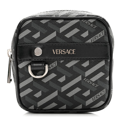 Versace Coated Canvas Calfskin La Greca Square Zip Pouch Black Gray 1 of 6