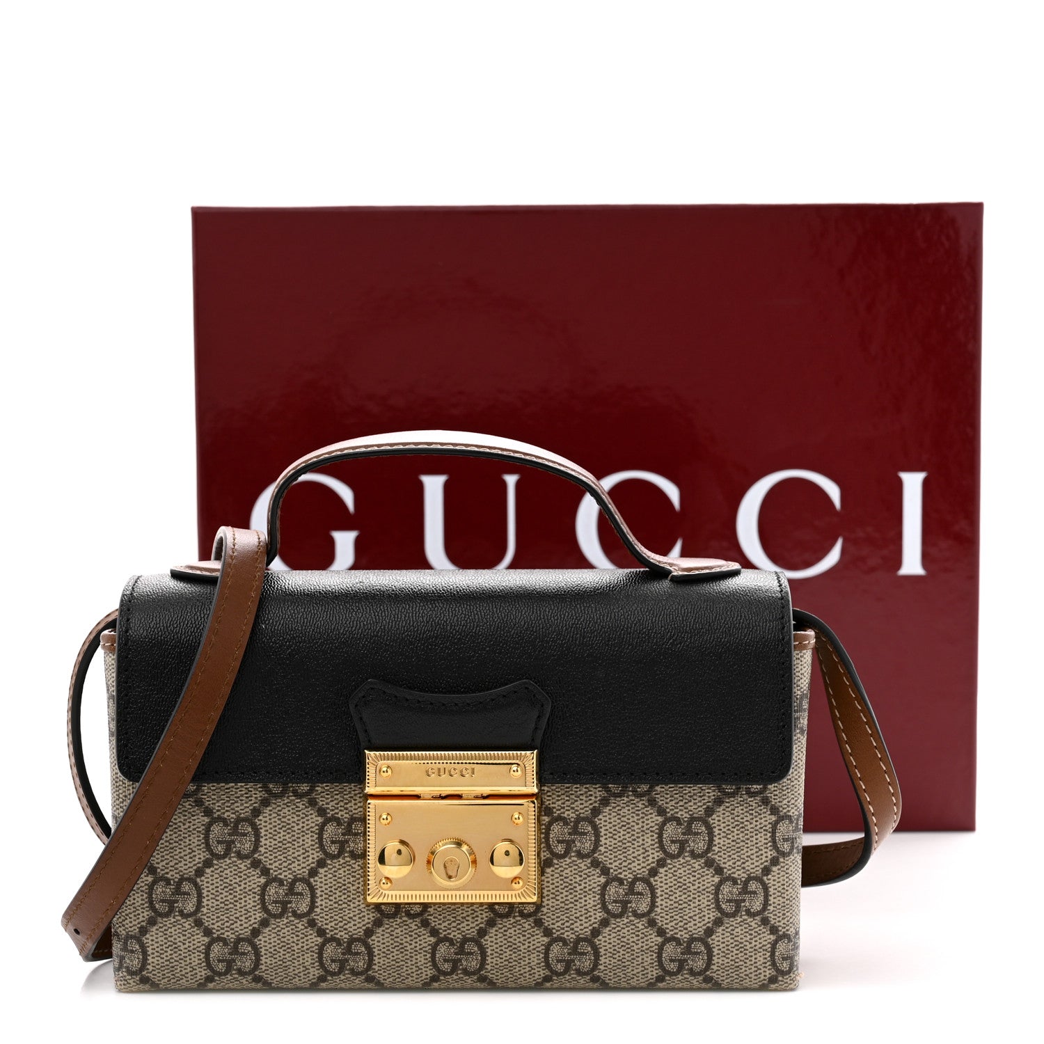 Gucci GG Supreme Monogram Calfskin Mini Padlock Top Handle Shoulder Bag Beige Black Cuir 12 of 12