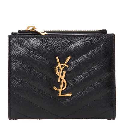 Saint Laurent Grain De Poudre Matelasse Chevron Monogram Zipped Card Case Black 1 of 7