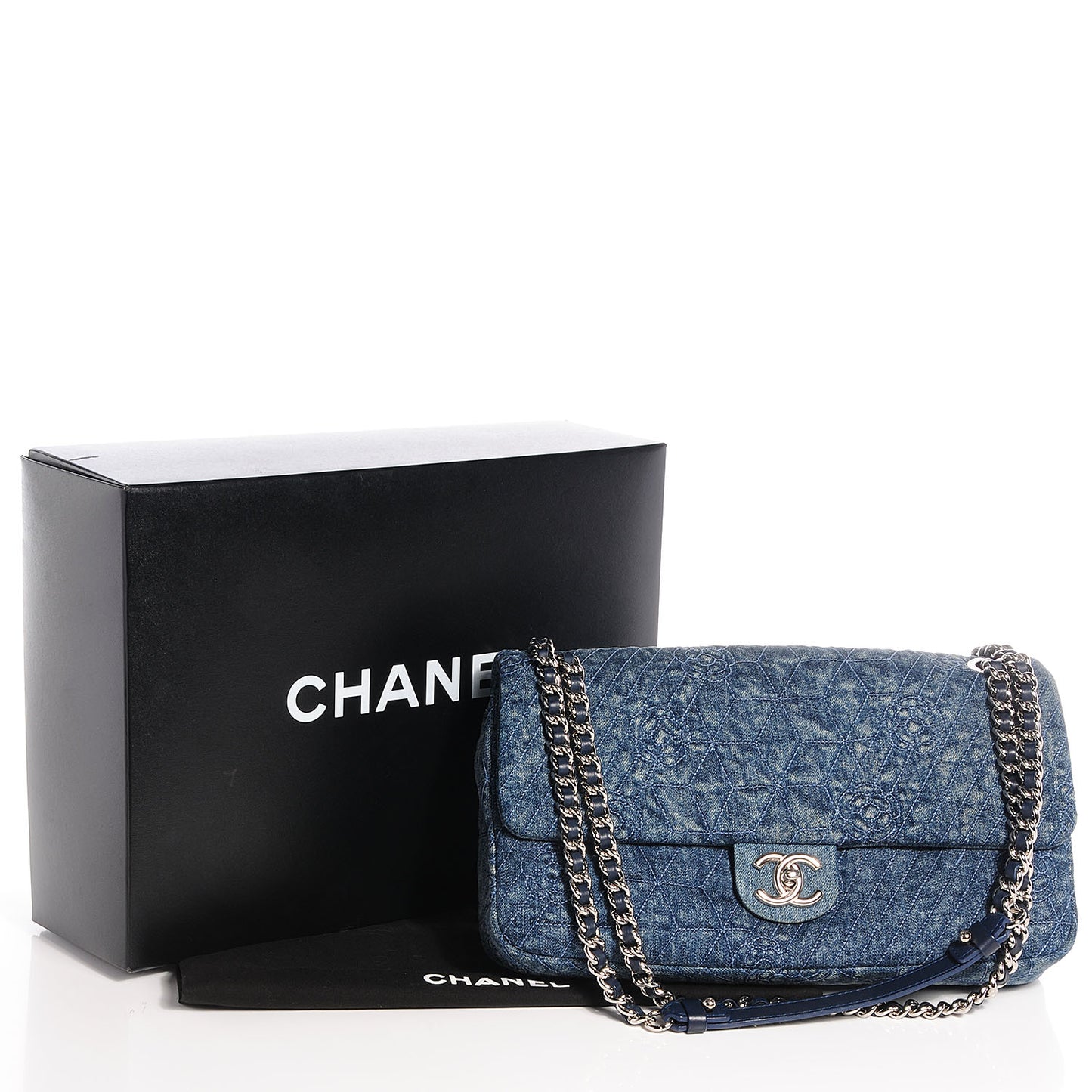 Denim Camellia Embroidered Large Flap Dark Blue
