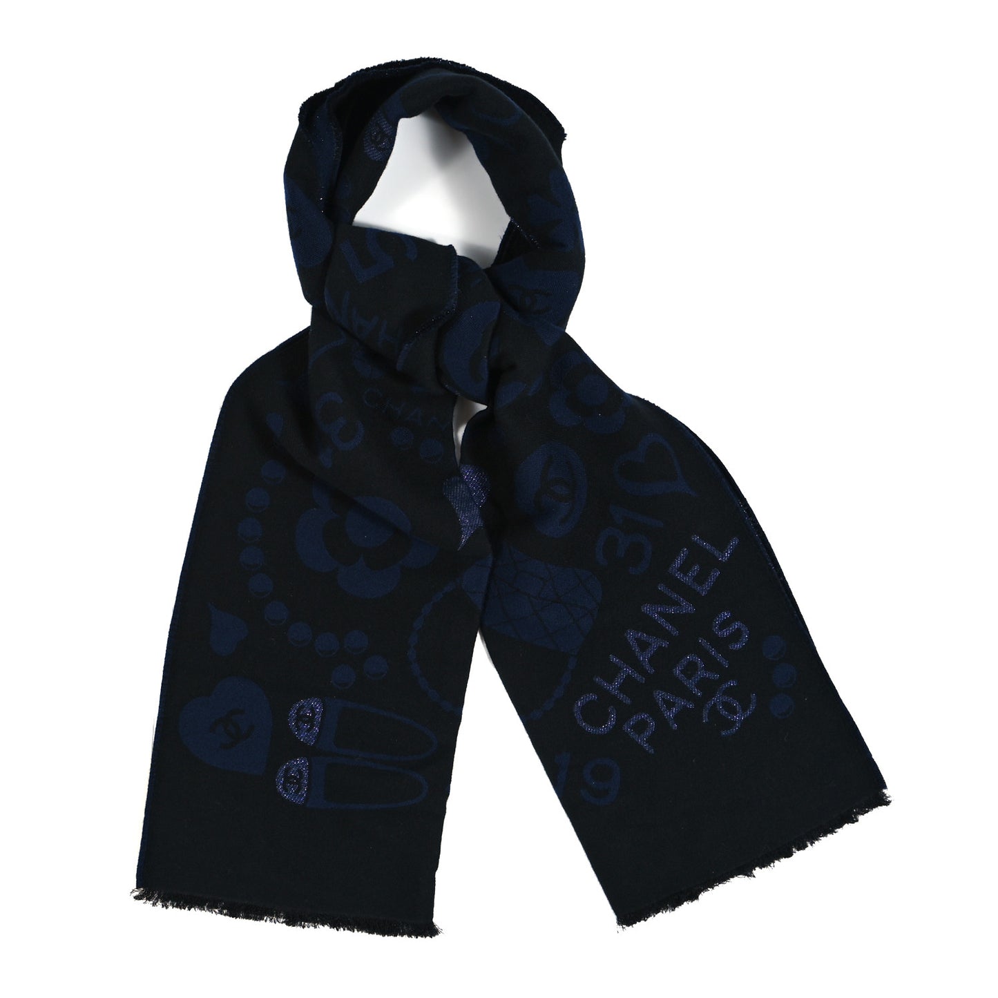 Metallic Wool Silk Paris Logo Scarf Black Navy