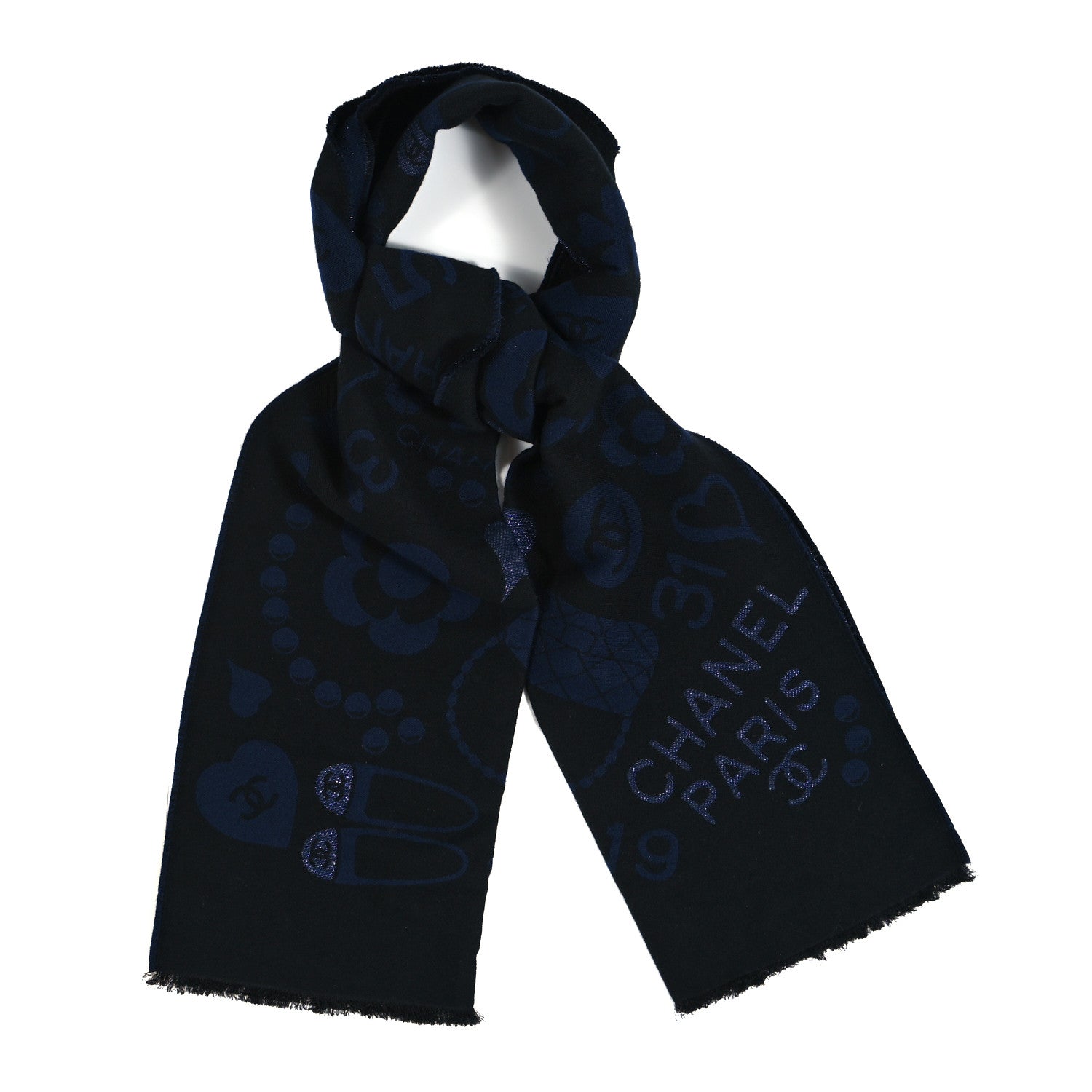 Chanel Metallic Wool Silk Paris Logo Scarf Black Navy 1 of 3