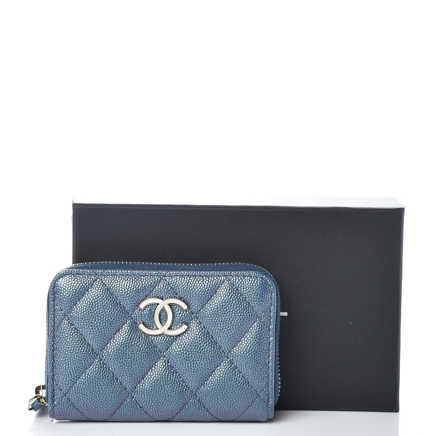 Iridescent Caviar Quilted Zip Coin Purse Blue