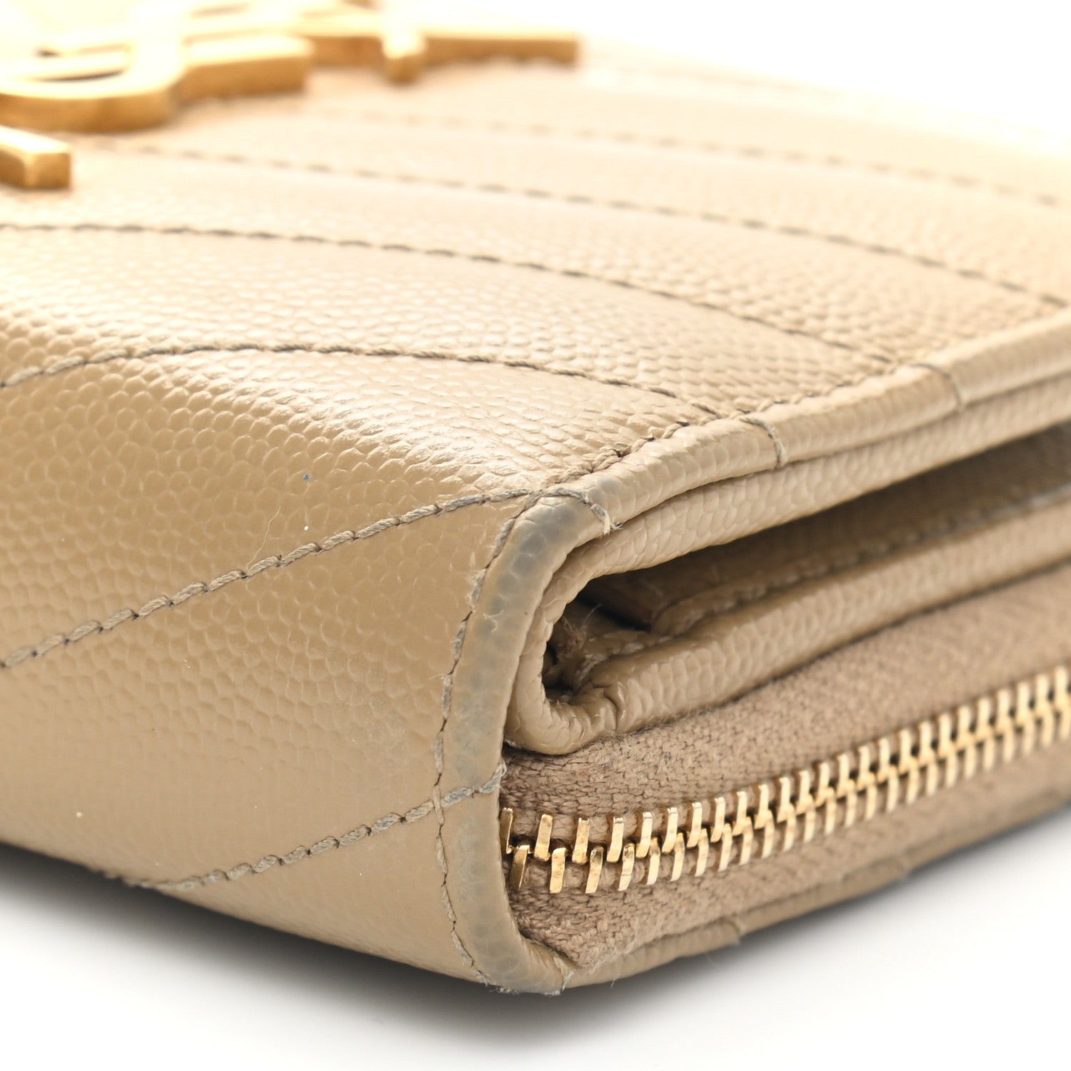 Saint Laurent Grain De Poudre Matelasse Chevron Monogram Compact Zip Around Wallet Dark Latte 12 of 13