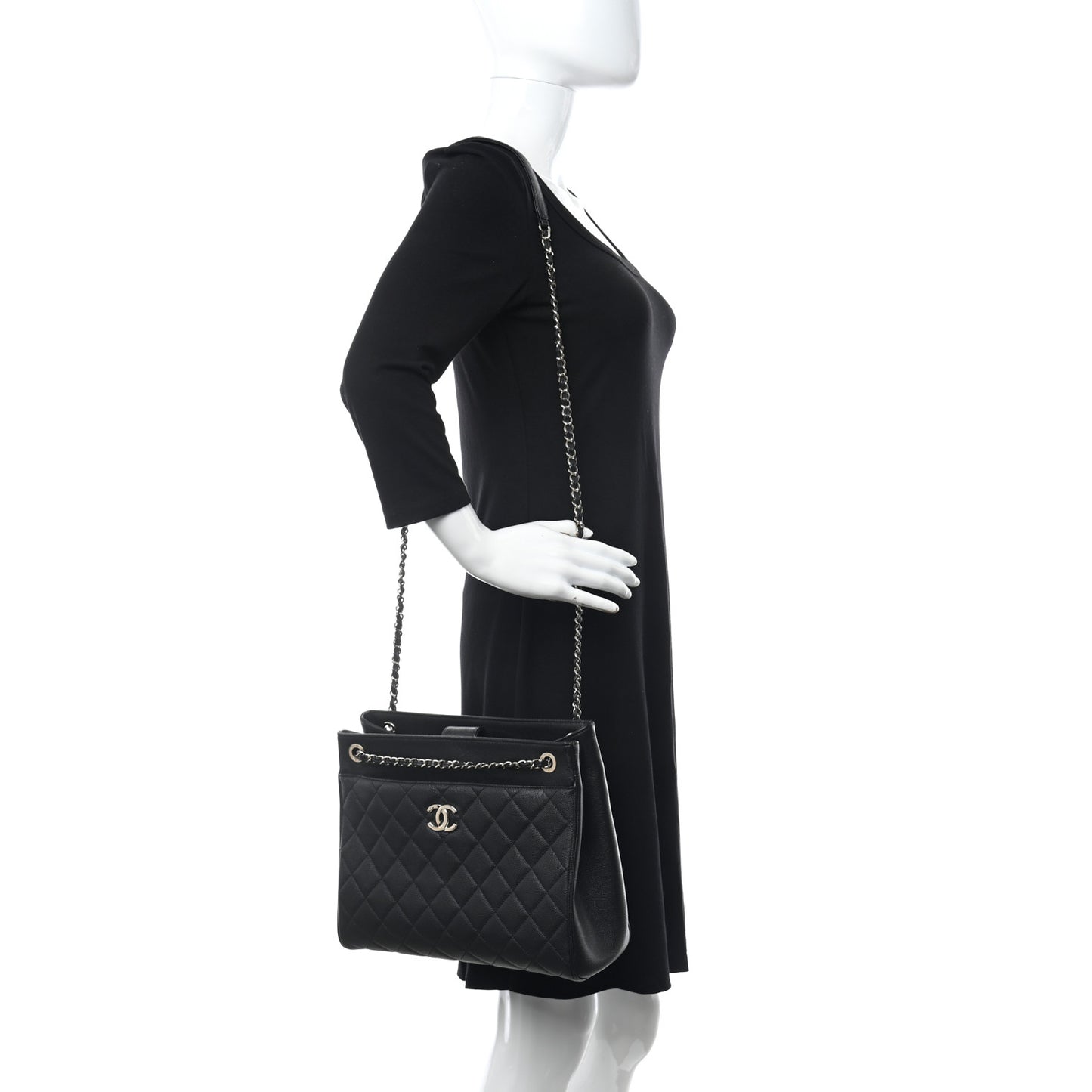 Caviar Quilted In Out Flap Shopping Tote Black