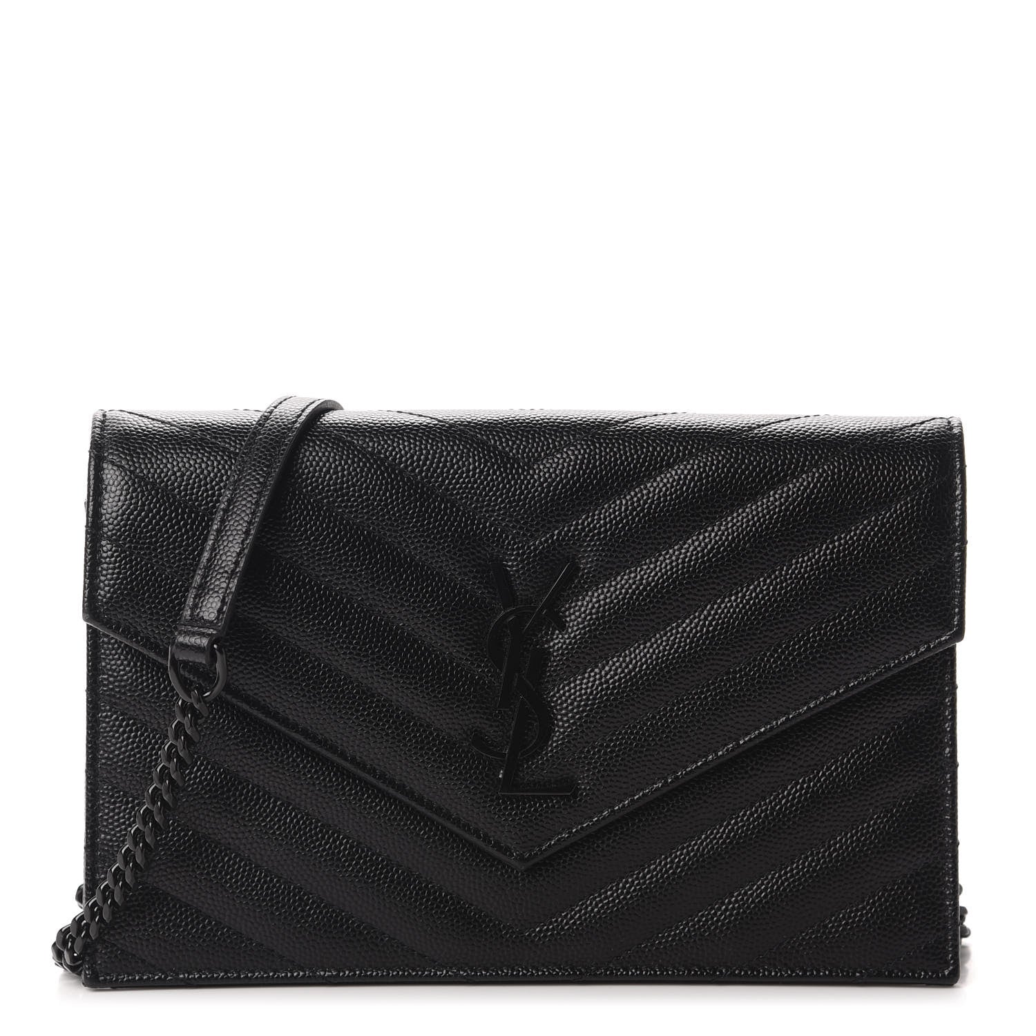 Saint Laurent Grain De Poudre Matelasse Chevron Monogram Envelope Chain Wallet Black 1 of 11