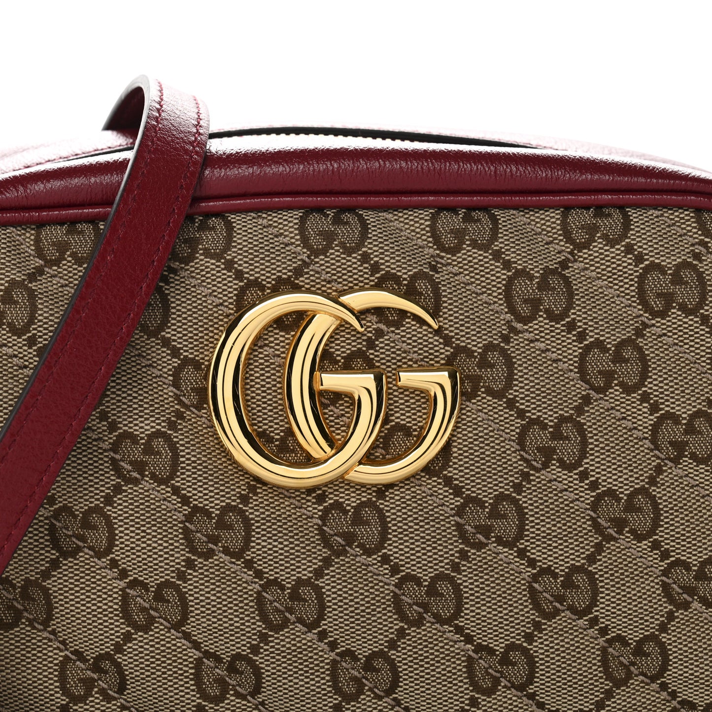 Monogram Azalea Calfskin Matelasse Diagonal Small GG Marmont Chain Shoulder Bag Beige Ebony New Cherry Red