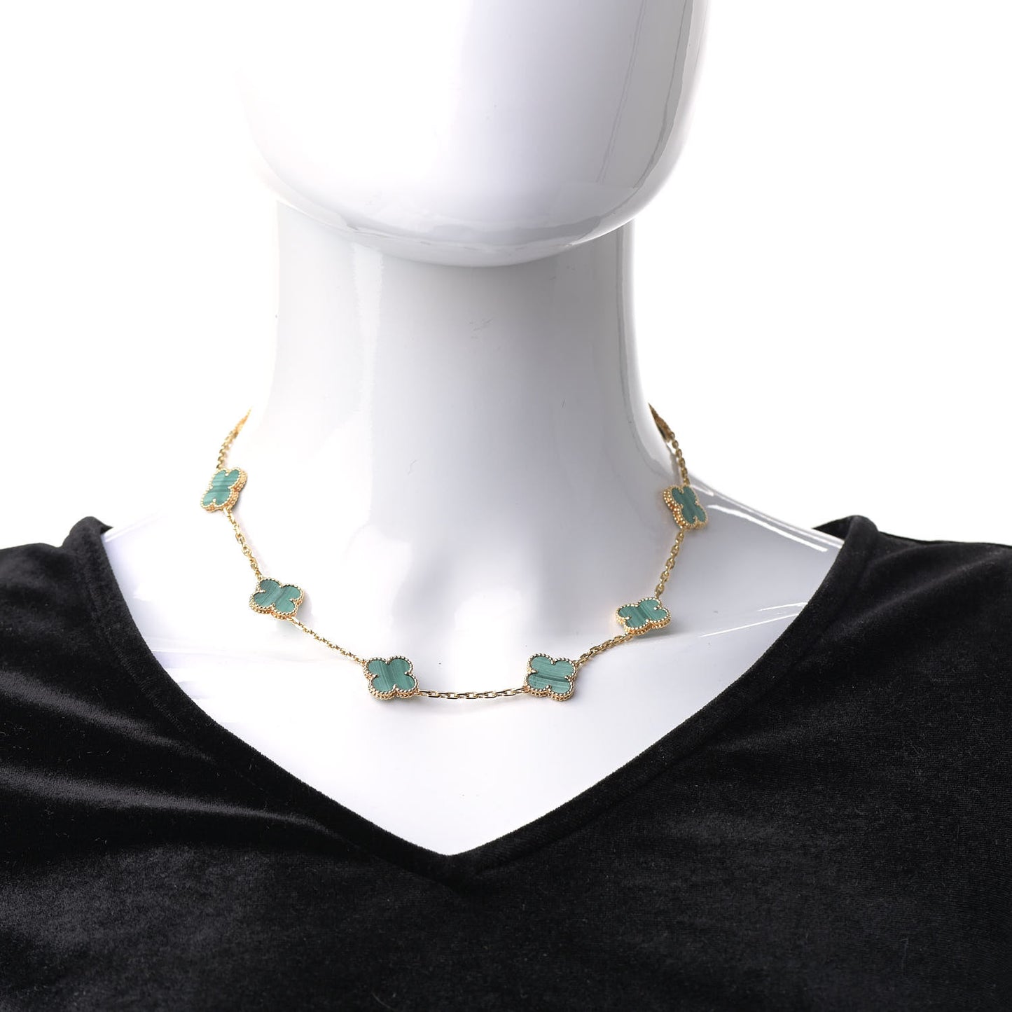 18K Yellow Gold Malachite 10 Motifs Vintage Alhambra Necklace