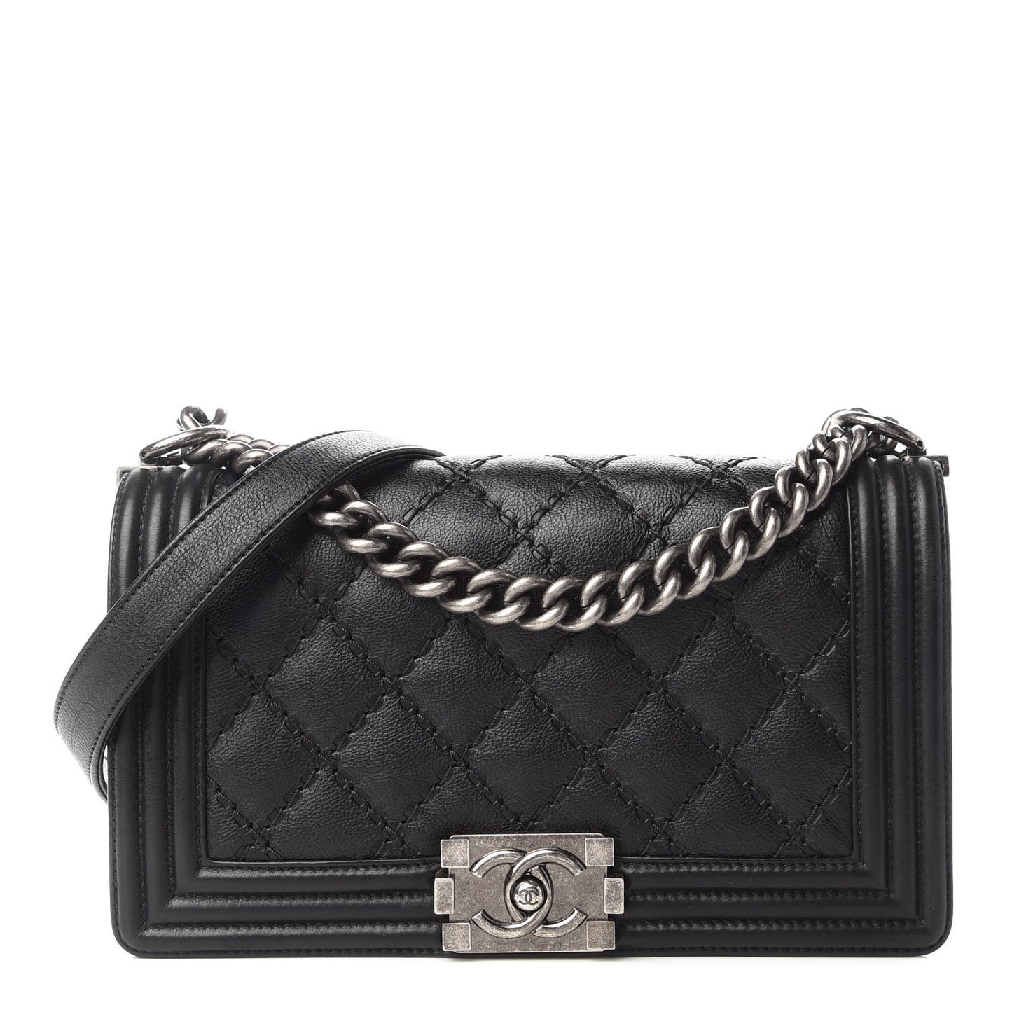 Calfskin Double Stitch Medium Boy Flap Black