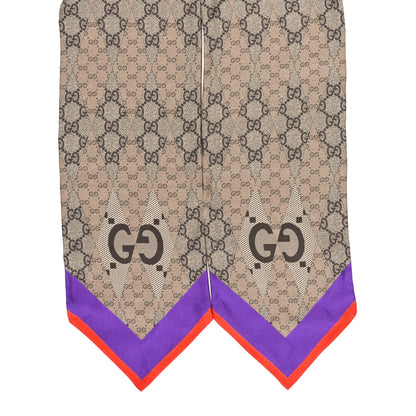 Gucci Silk Twill GG Monogram GG Rombybow Neck Bow Scarf Camel Dark Purple 2 of 4