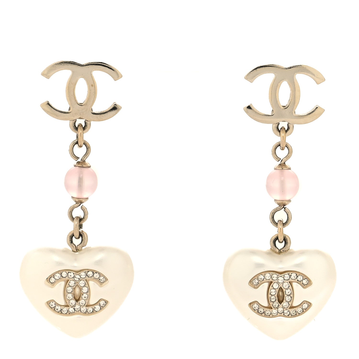 Chanel Pearl Crystal Bead CC Heart Drop Earrings Gold White Pink 1 of 4