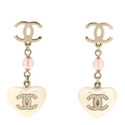 Chanel Pearl Crystal Bead CC Heart Drop Earrings Gold White Pink 1 of 4