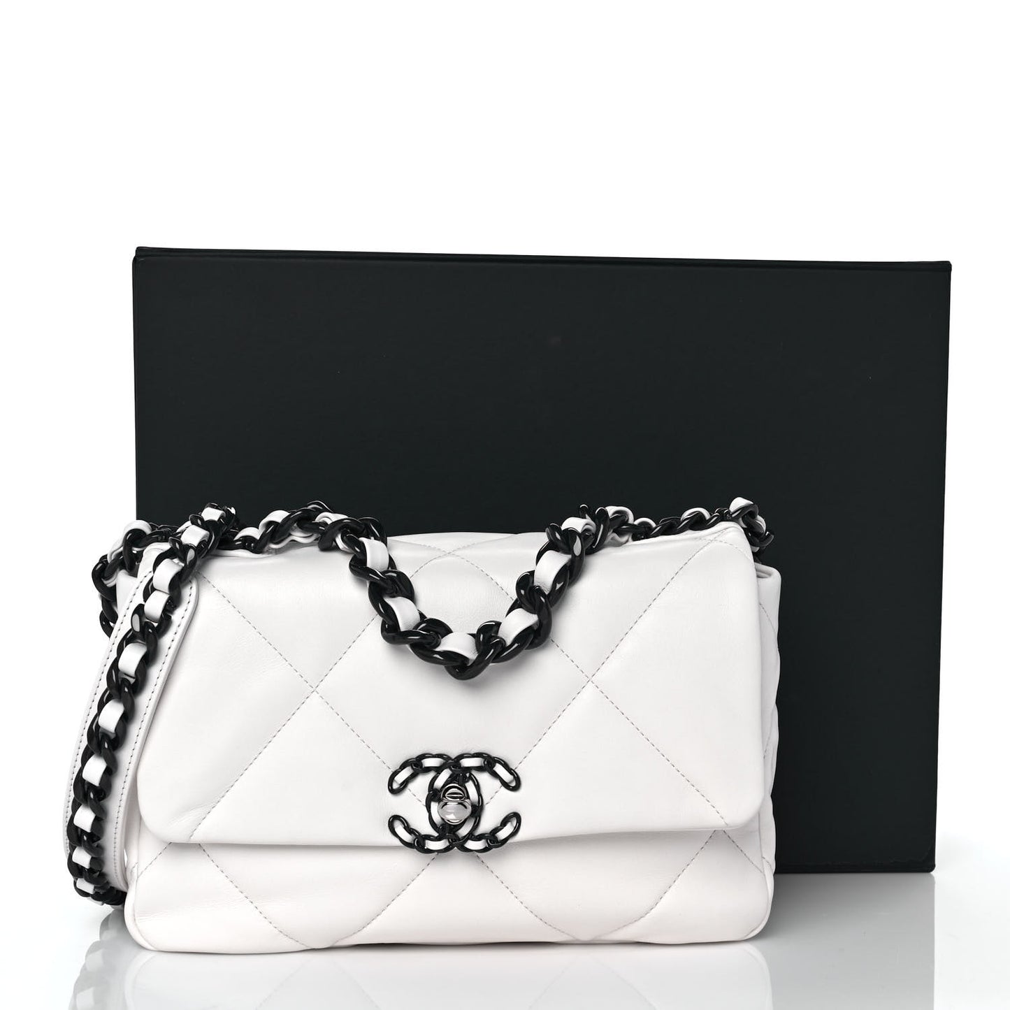 Glossy Calfskin Quilted Medium Chanel 19 Flap White Black