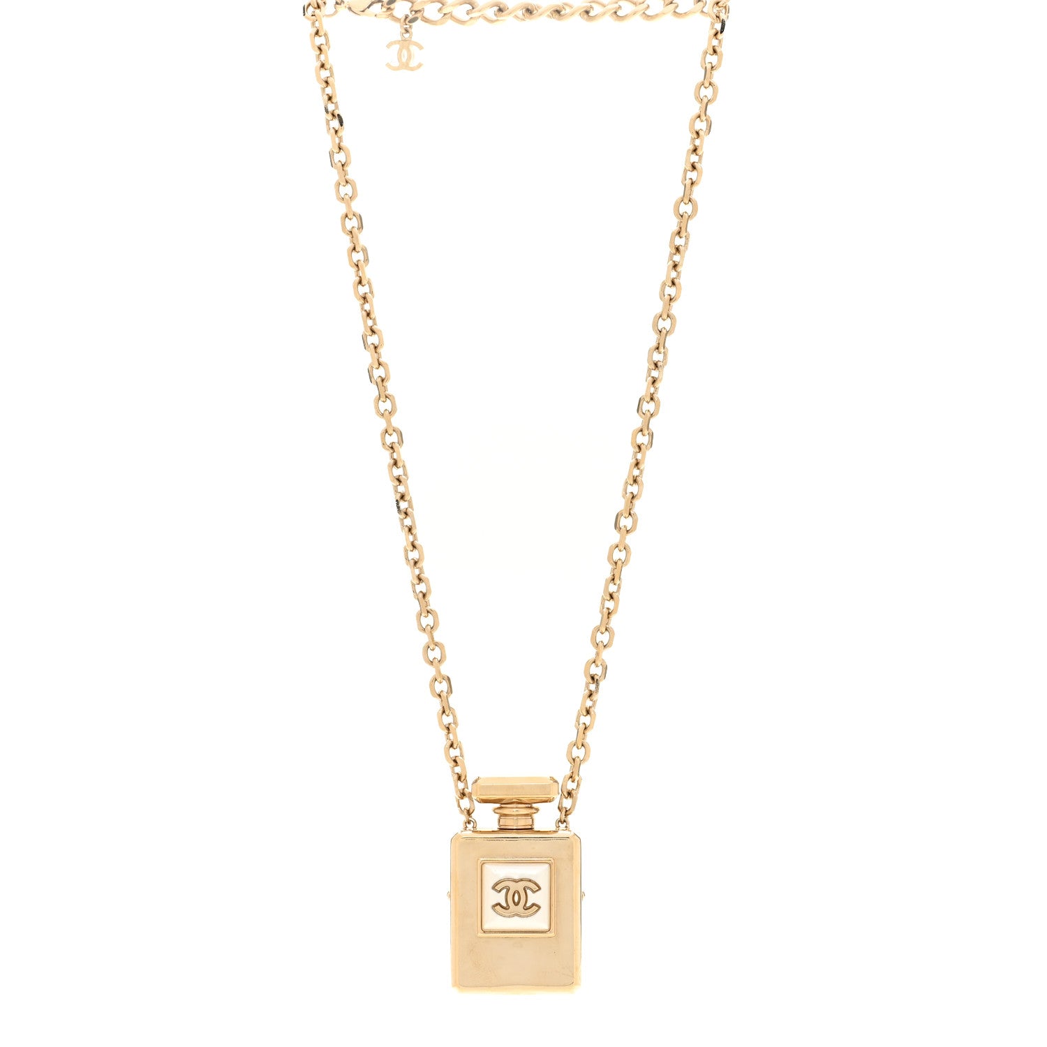 Chanel Metal Pearl Perfume Bottle CC Locket Necklace Gold 1 of 5