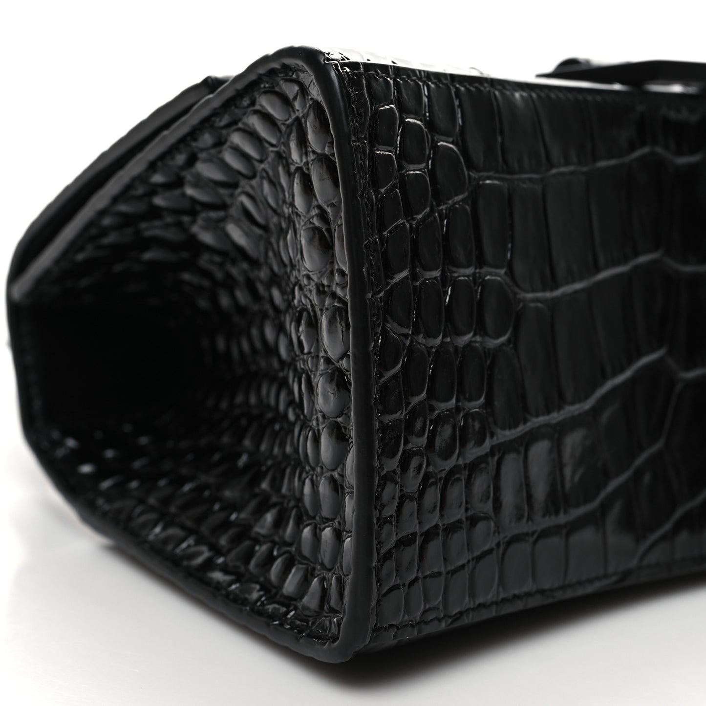 Shiny Calfskin Monochrome Crocodile Embossed Small Hourglass Top Handle Bag Black