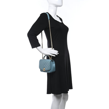 Chanel Lambskin Chevron Quilted Gold Top Handle Flap Bag Blue 2 of 9