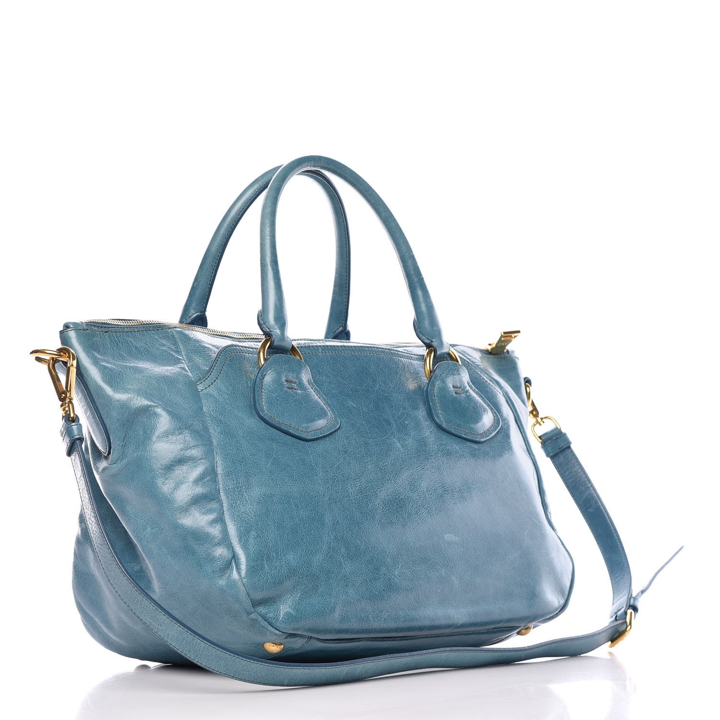 Vitello Shine Top Handle Tote Turchese