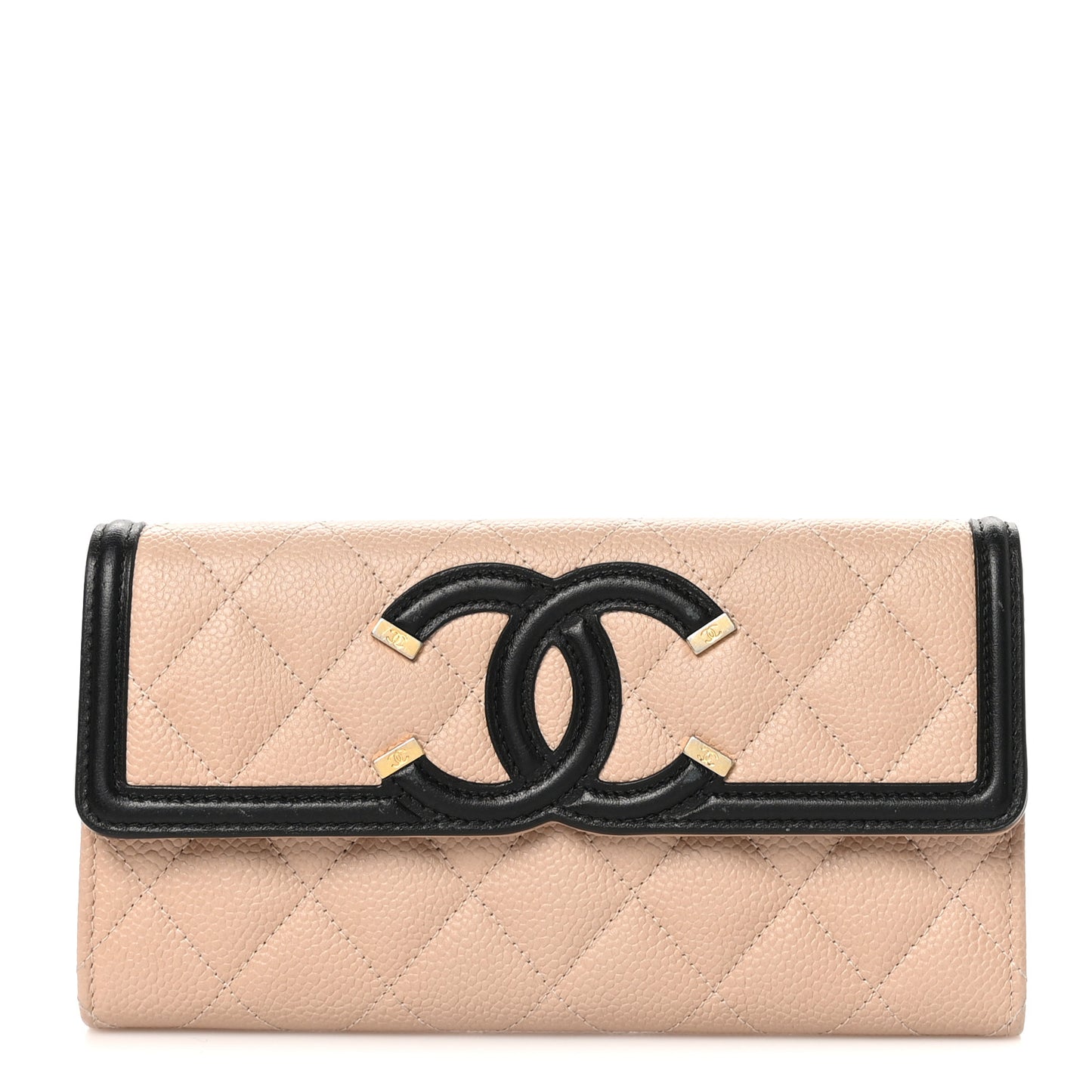 Caviar Quilted Filigree Large Gusset Flap Wallet Beige Black