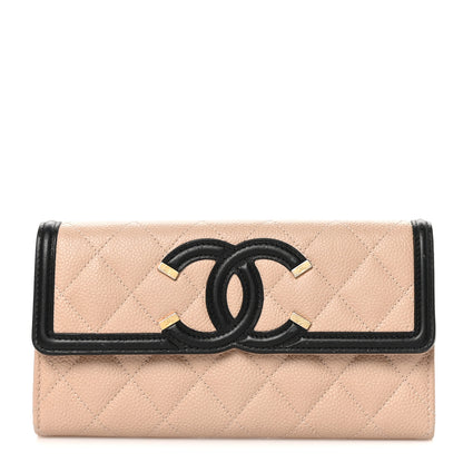Chanel Caviar Quilted Filigree Large Gusset Flap Wallet Beige Black 1 of 10