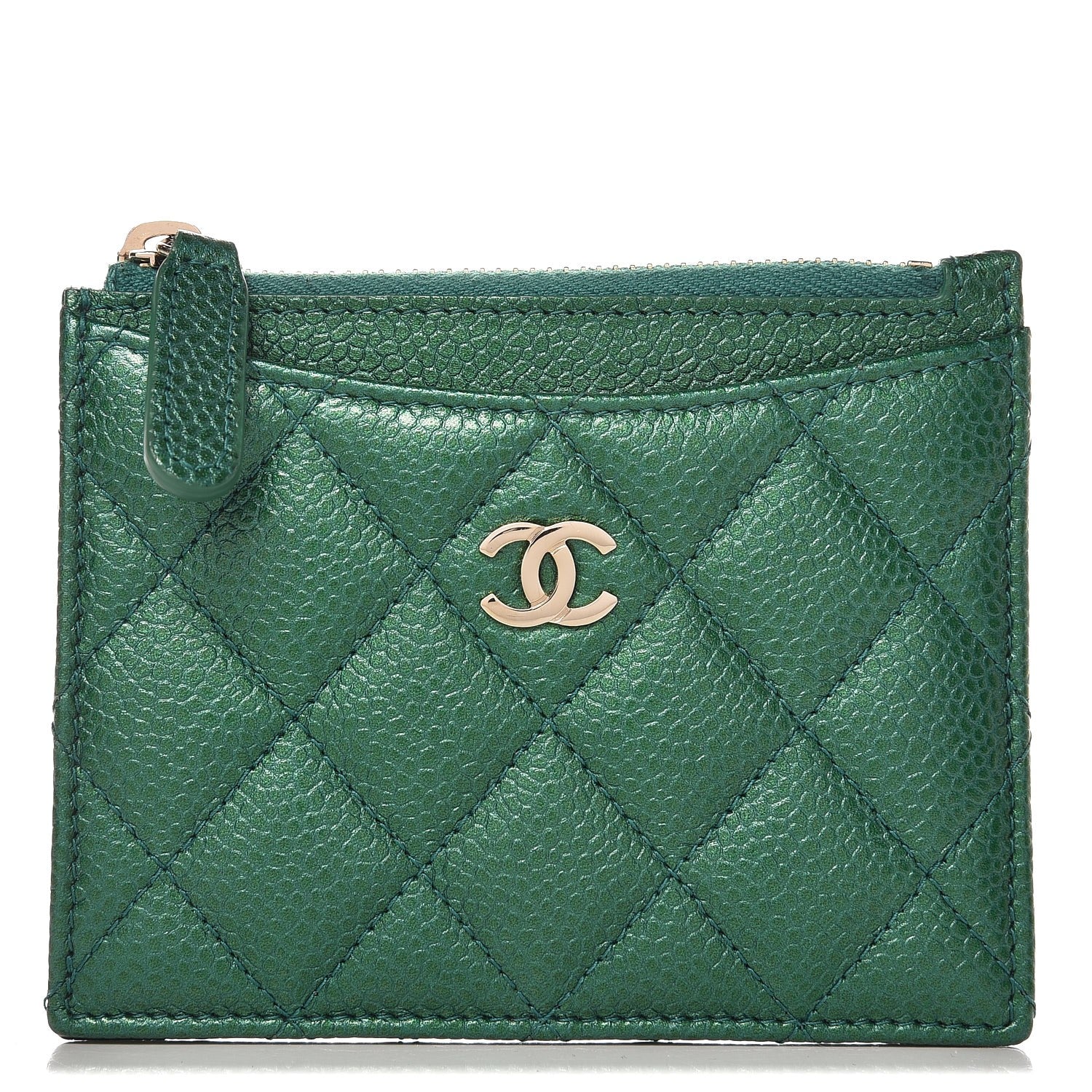 Chanel Metallic Caviar Quilted CC Zip Card Holder Green 1 of 8