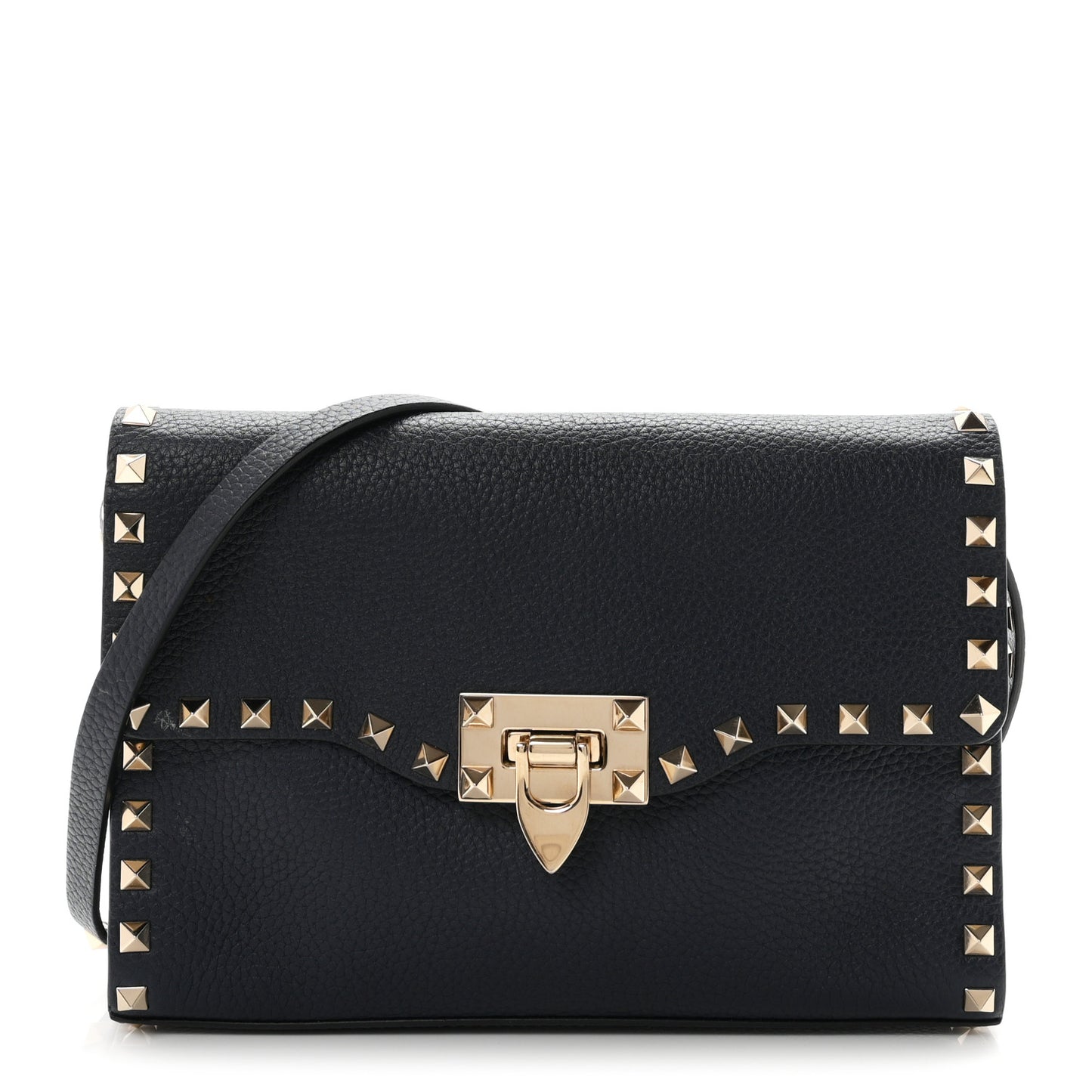 Pebbled Calfskin Medium Rockstud Flip Lock Crossbody Bag Navy