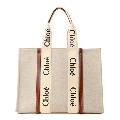 Chloe Cotton Calfskin Large Woody Ribbon Tote White Brown 1 of 11