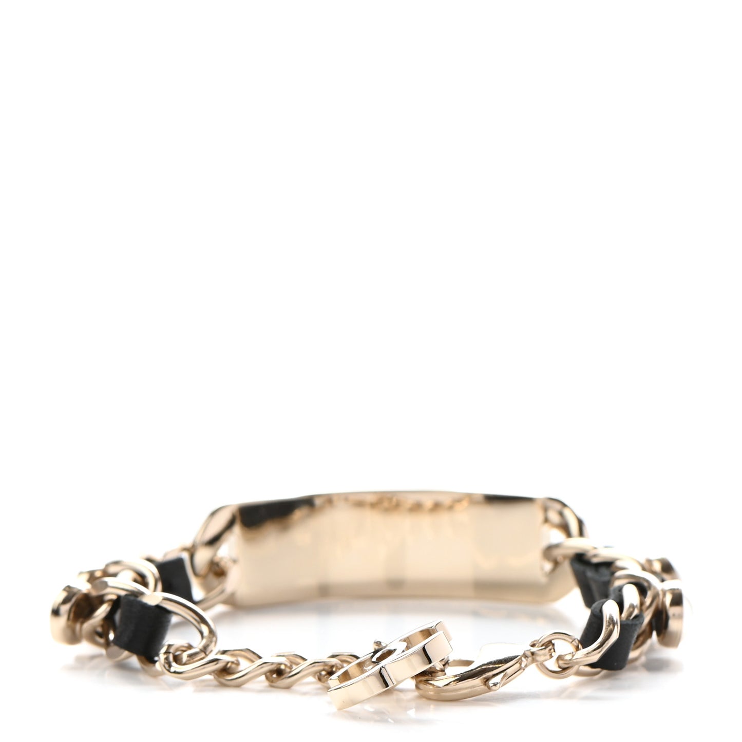 Metal Lambskin Pearl Name Plate Bracelet Black Gold