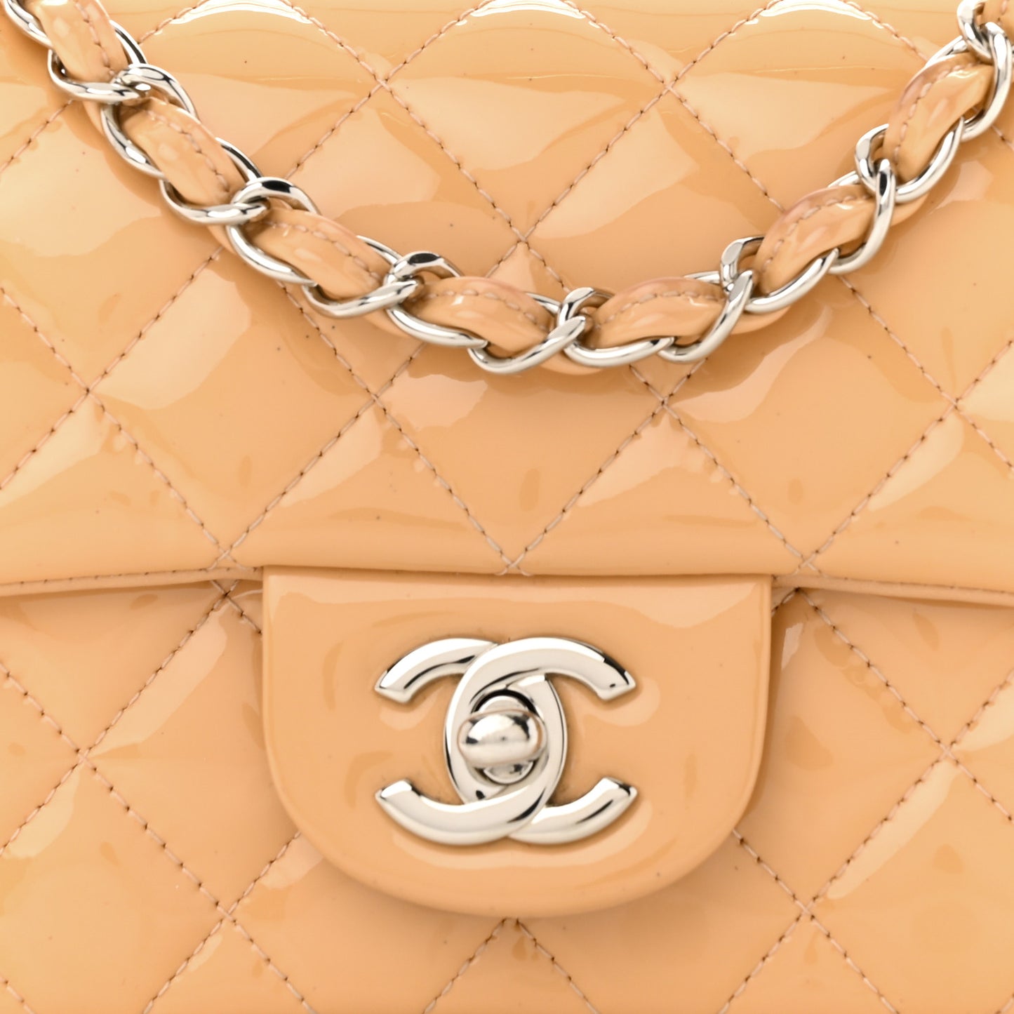 Patent Calfskin Quilted Mini Rectangular Flap Beige