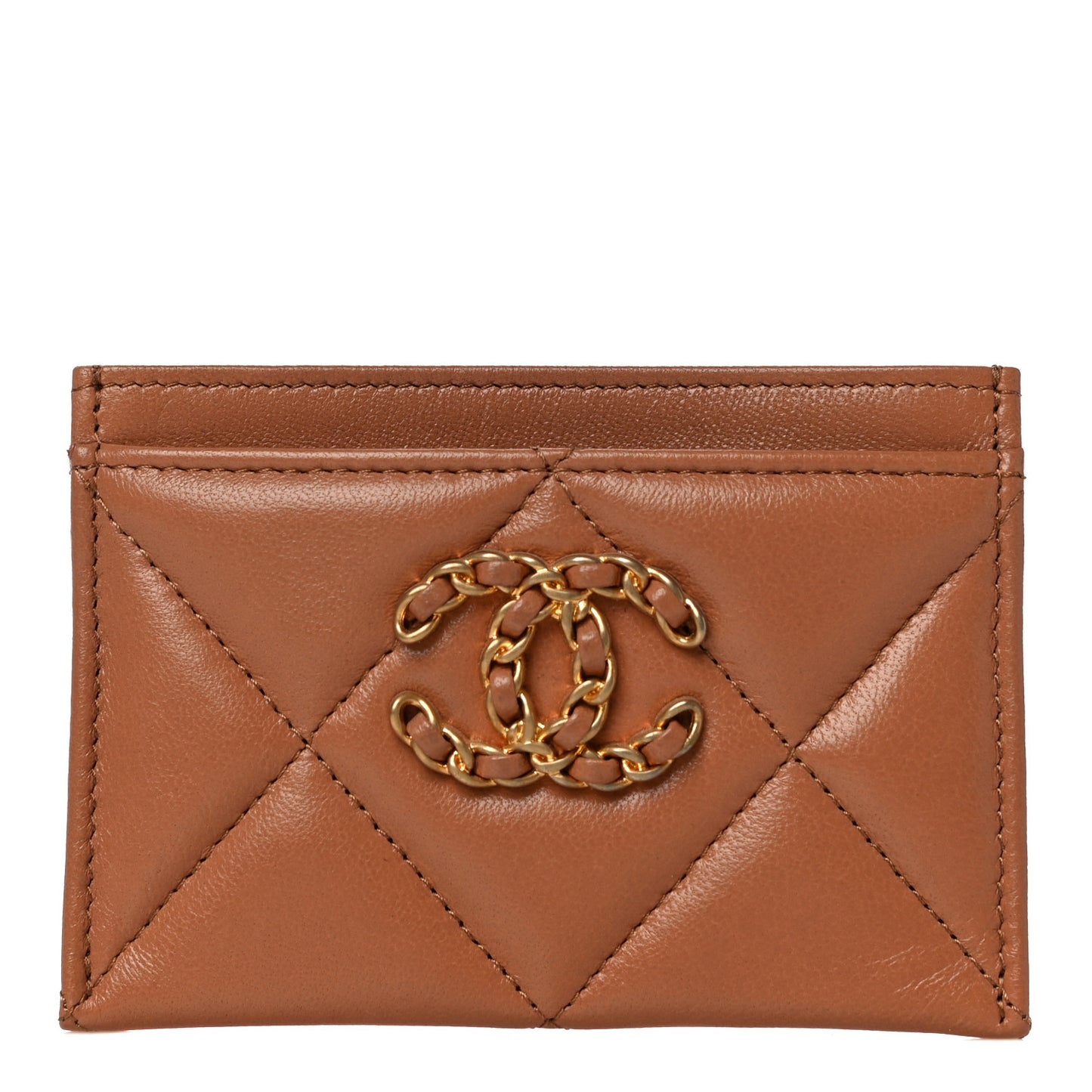 Lambskin Quilted Chanel 19 Card Holder Brown