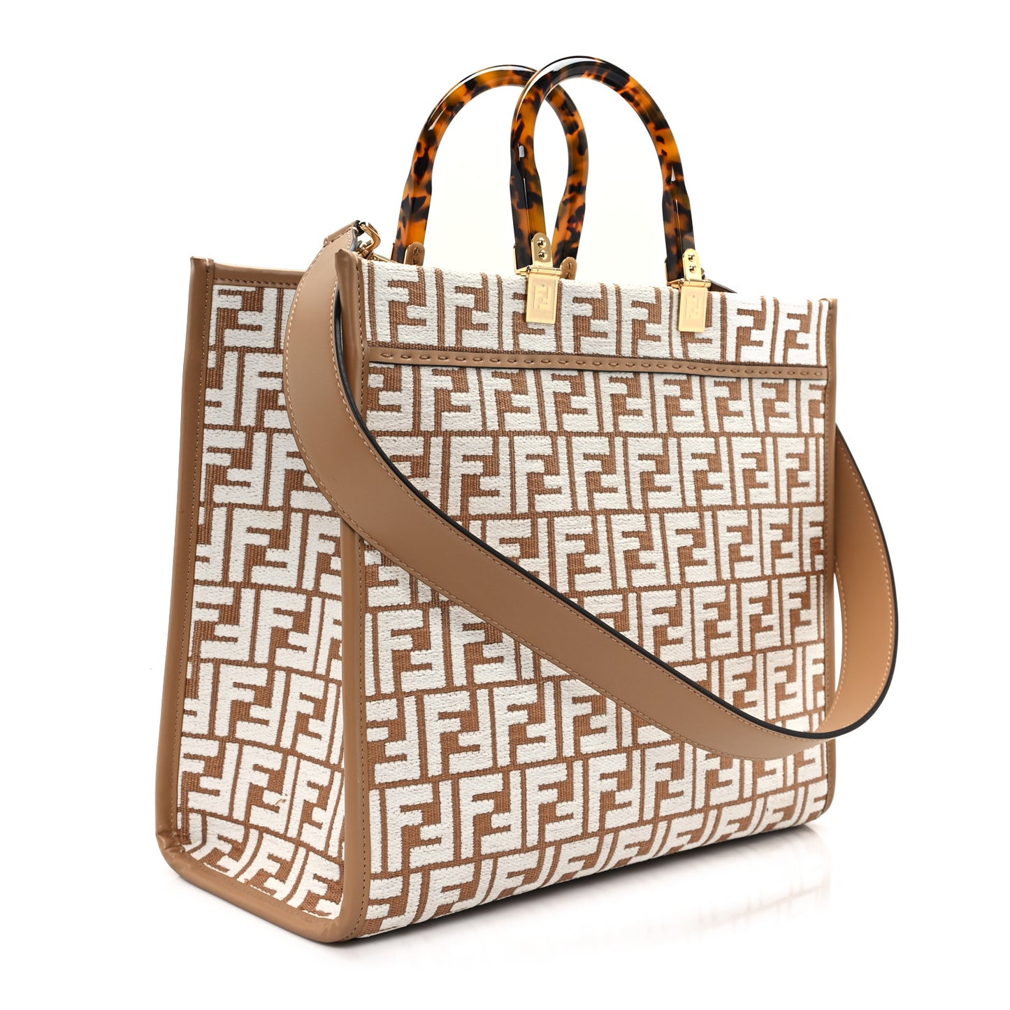 Woven Fabric Calfskin FF Medium Fendi Sunshine Shopper Tote Natural White Dark Honey