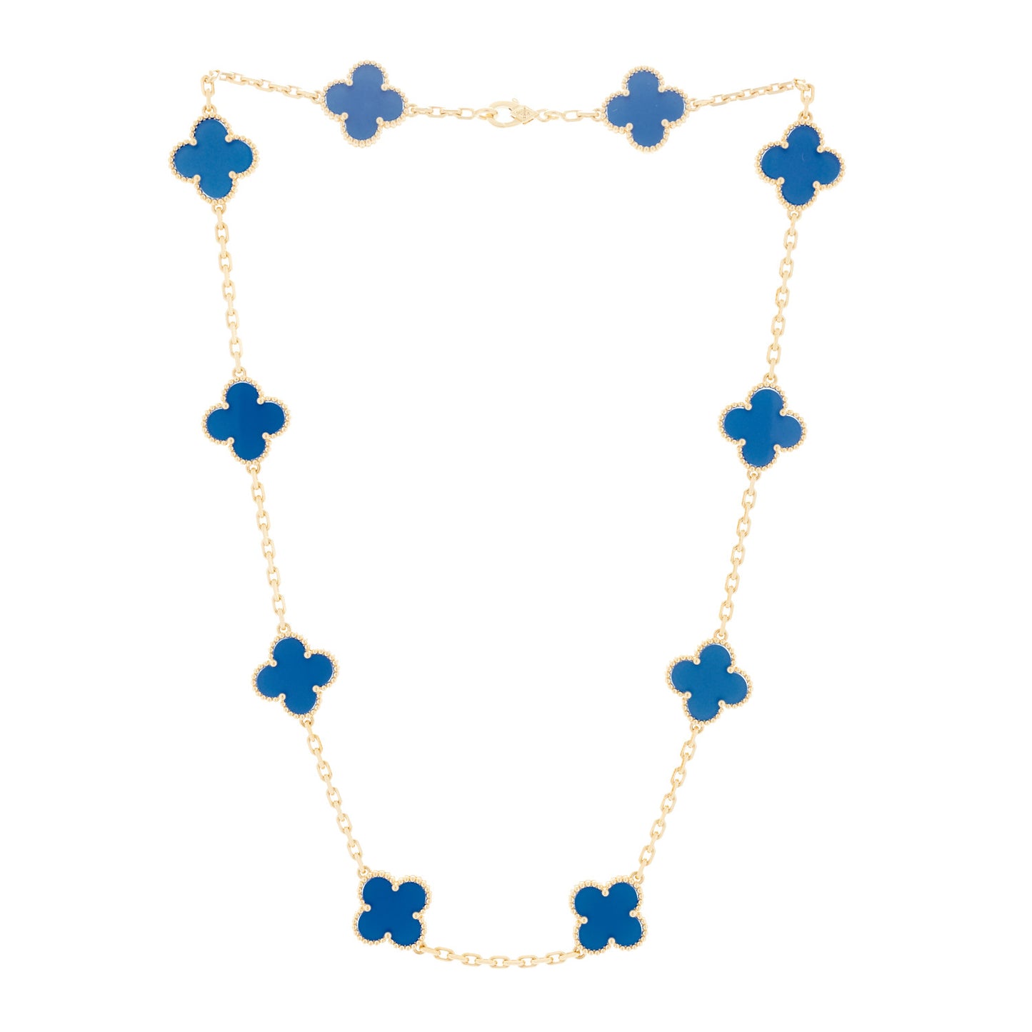 18K Yellow Gold Blue Agate 10 Motifs Vintage Alhambra Necklace