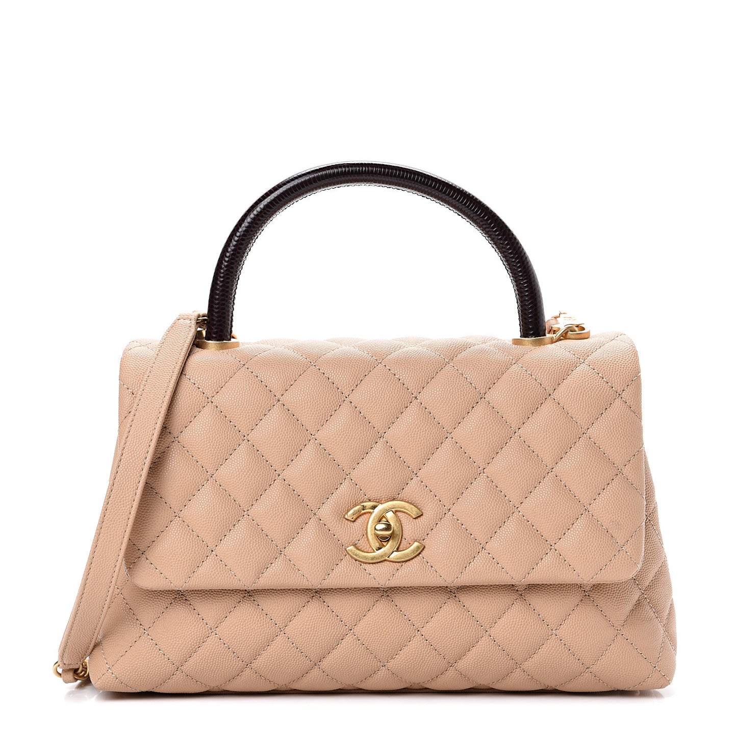 Caviar Lizard Embossed Quilted Small Coco Handle Flap Beige
