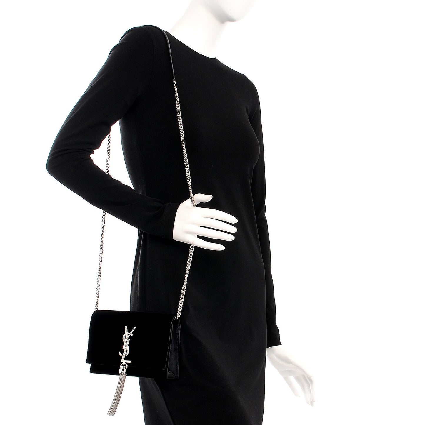 Velvet Crystal Monogram Tassel Chain Wallet Black