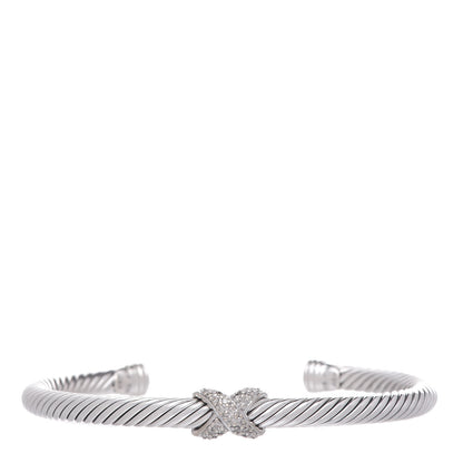 David Yurman Sterling Silver 18K White Gold Diamond Pave 5mm X Cable Bracelet 1 of 4