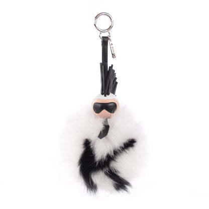 Fendi Lambskin Fox Fur Super Karlito Pom Pom Bag Charm Black White 1 of 4
