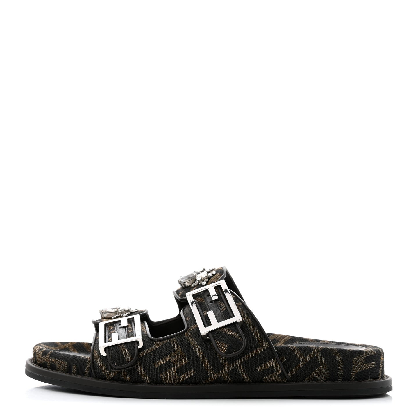 Fabric Jacquard Crystal FF Womens Fendi Feel Buckled Slide Sandals 38 Tobacco Black