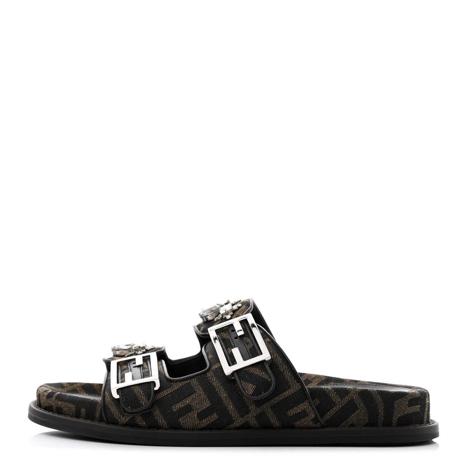 Fendi Fabric Jacquard Crystal FF Womens Fendi Feel Buckled Slide Sandals 38 Tobacco Black 1 of 9