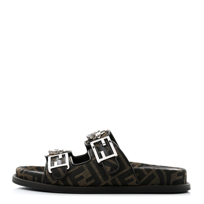 Fendi Fabric Jacquard Crystal FF Womens Fendi Feel Buckled Slide Sandals 38 Tobacco Black 1 of 9