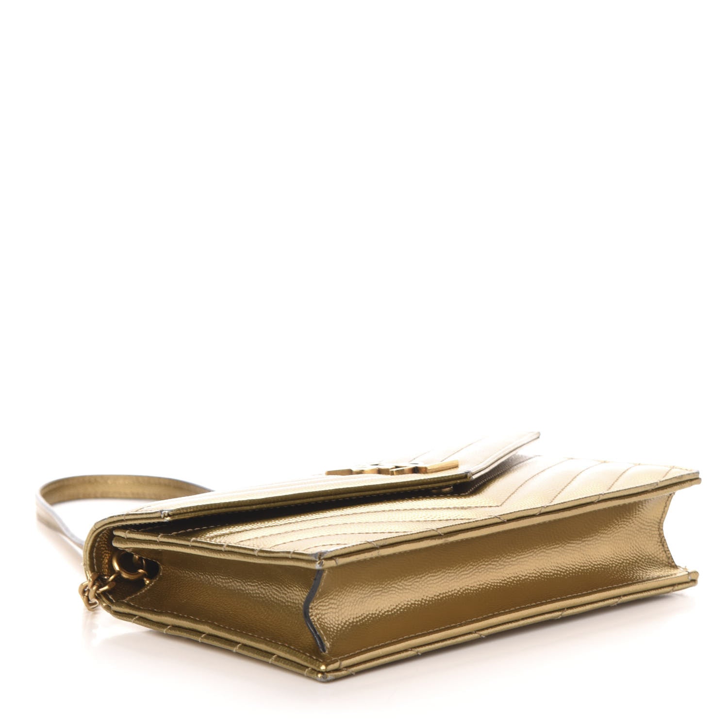 Saint Laurent Metallic Calfskin Matelasse Chevron Monogram Envelope Chain Wallet Antic Gold 4 of 12